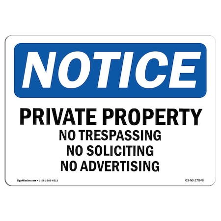 Signmission Sign, 7" H, 10" W, Plast, Private Property No Trespassing Solicit Sign, Lndscp, L-17848 OS-NS-P-710-L-17848